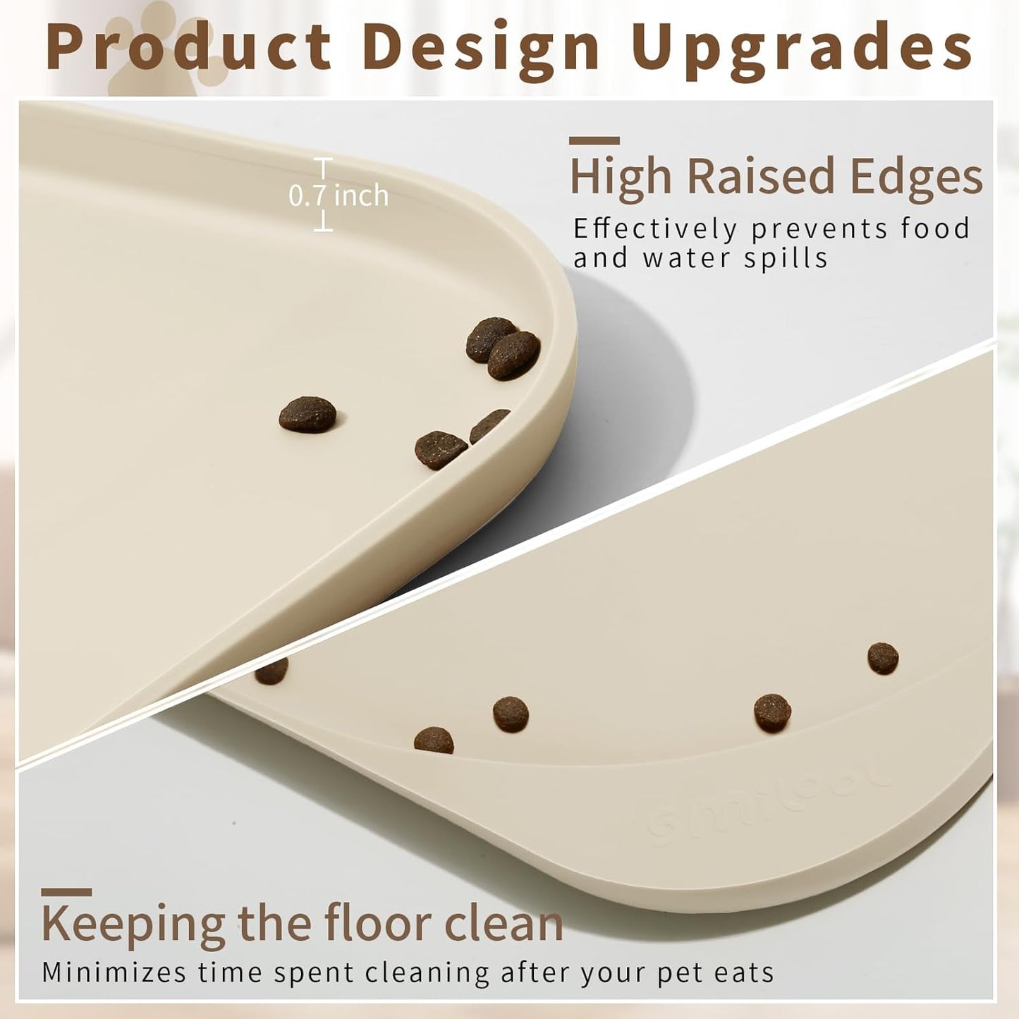 Silicone Pet Feeding Mat with Raised Edge & Residue Collection Pocket for Food and Water, Dog Bowl Mats, Cat Bowls Placemat with High Lip for Floor Waterproof, 19 x 12 x 0.7 White Sand