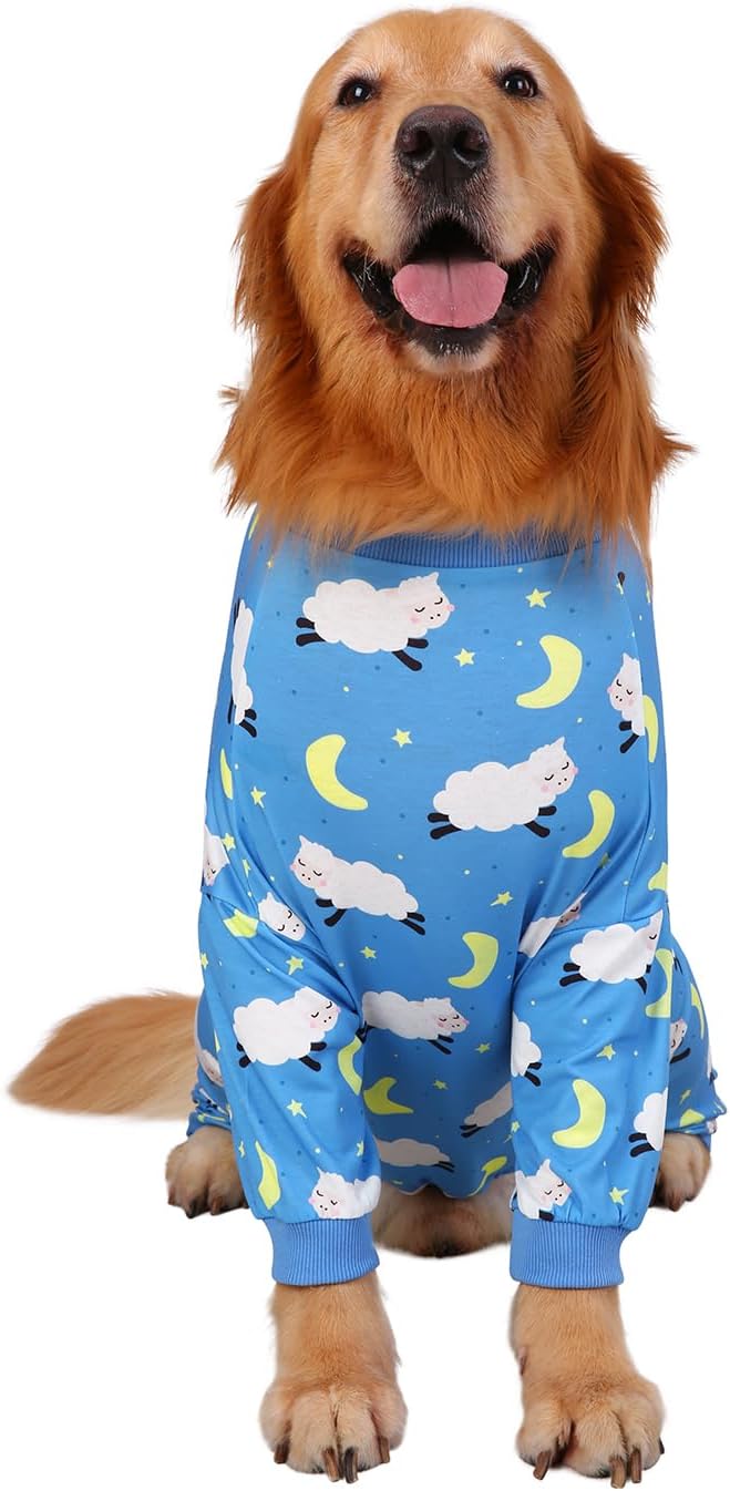 HDE Dog Pajamas One Piece Jammies Jumpsuit Pet Clothes Outfit Stretchy Lightweight Comfy Shirt Pjs for M-3XL Dogs Counting Sheep - XL