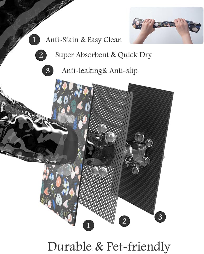 Pet Feeding Mat-Absorbent Dog Mat for Food and Water Bowl-No Stains Quick Dry Water Dispenser Mat-Dog Accessories Pet Supplies-Bowl for Messy Drinkers（DARKFLOWERS,17"x28"