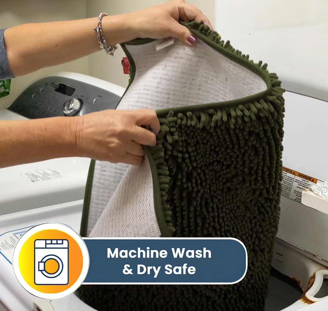 Muddy Mat® AS-SEEN-ON-TV Highly Absorbent Microfiber Door Mat and Pet Rug, Non Slip Thick Washable Area and Bath Mat Soft Chenille for Kitchen Bedroom Indoor and Outdoor - Army Green 36" x 120"