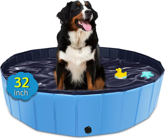 Foldable Dog Pool, 32" x 8" Kiddie Pool with Hard Plastic, Non-Slip Dog Bath Tub for Outdoor Backyard, Collapsible Dog Swimming Pool for Kids Dogs Pets (Blue)