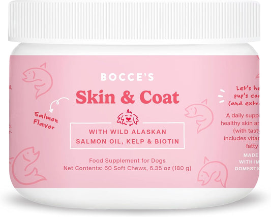 Bocce's Bakery Skin & Coat Supplement for Dogs, Daily Chews Made in The USA with Vitamin E & Essential Fatty Acids, Supports Healthy Skin & Coat, Salmon, 60 ct, Red (DG-SP-SKIN60)