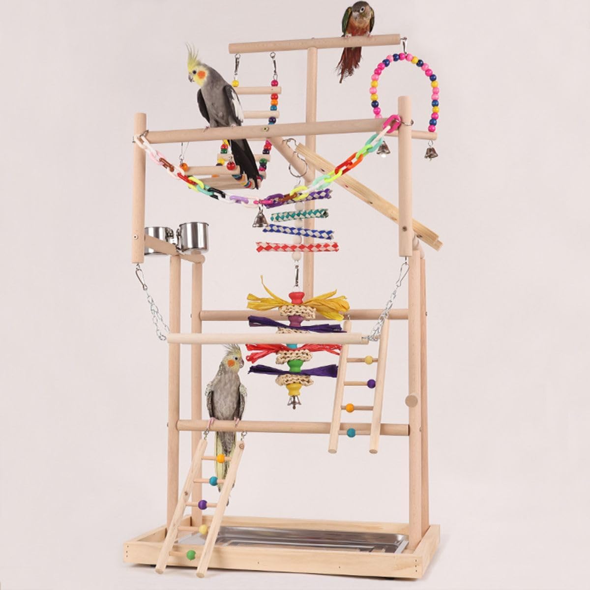 Bird Playstand Parrot Playground Wood Play Stand Gym Perch 4 Ladder Playgym with Exercise Toys Swings Feeder Cups Chewing Toys for Cockatoos Lovebirds Playgym Parakeets Cockatoo Macaw Random Color