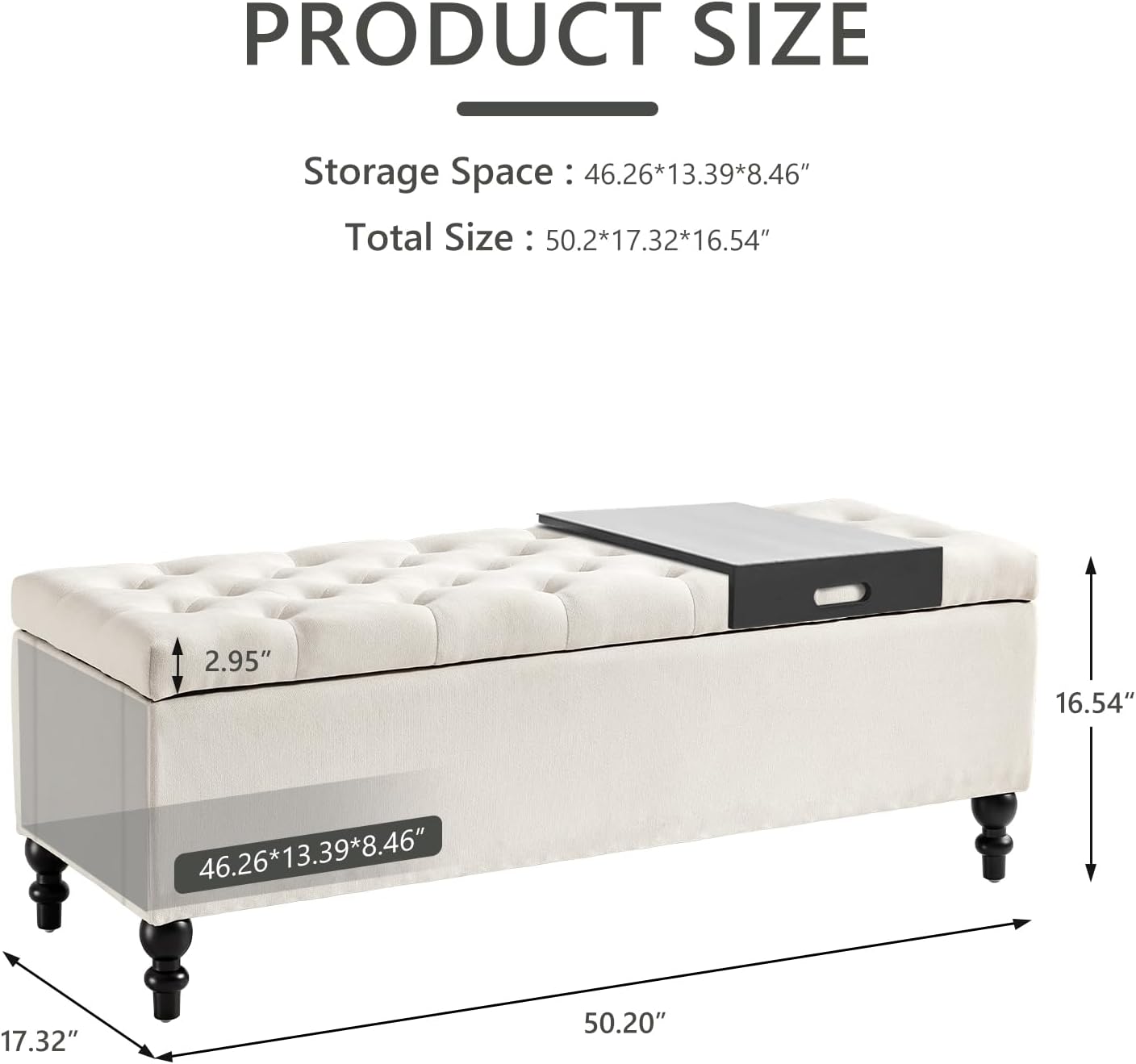 Ottoman with Storage,50.2-inch Upholstered End of Bed Storage Bench for Bedroom,for The Living Room,for Entryway, with Tray & Button and Safety Hinges,Detachable (White)