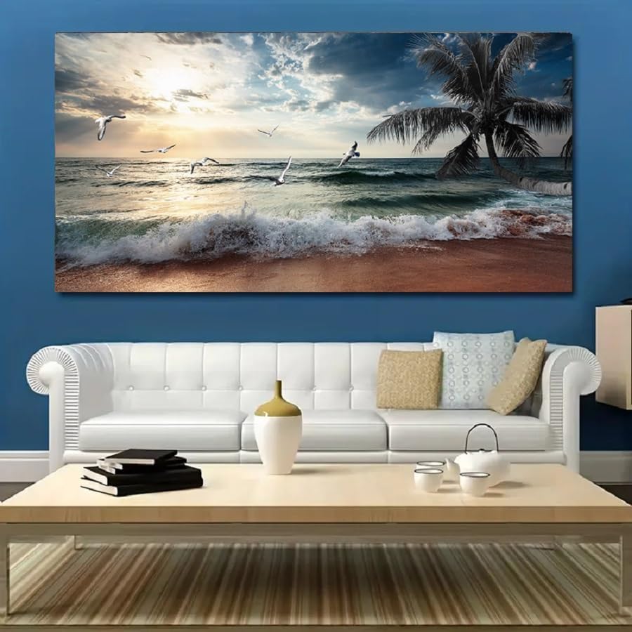 Yxbhhym Large Canvas Wall Art Beach Ocean Prints Art Coast Sunset Sea Paintings Poster Scenery Picture Palm Artwork for Wall Art Living Room Bedroom Office Decorations Framed-30x60inches