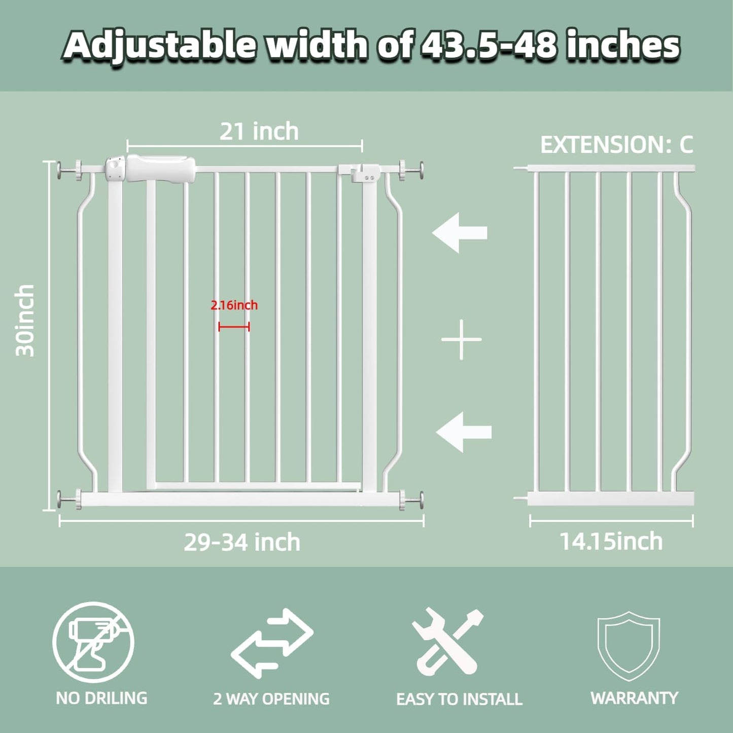 TSAYAWA Walk Through Baby Gate with Door, 43.5-48 Inch Wide Presure Mounted No Drill Metal Auto Close Child Gate for Stair Doorway - Indoor Outdoor Safty Gate for Toddler Dog Doggie, White