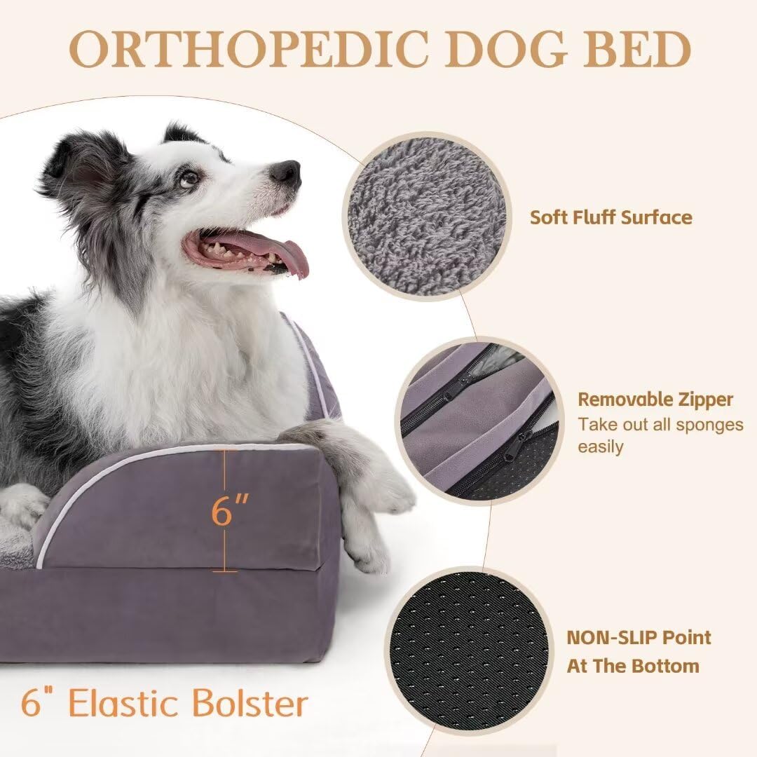 Comfort Expression XXL Waterproof Orthopedic Dog Bed for Extra Large Dogs, Orthopedic Foam Dog Beds, Washable Dogs Sofa Bed with Removable Cover & Non-Slip Bottom(XX-Large,Purple)