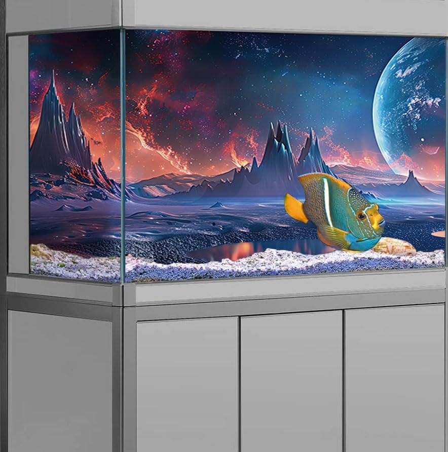 Scarlet Cosmic Aquarium Background,Cool Galaxy Parallel Space Themed Fish Tank Background, Tropical Desert Terrarium Background 48X20IN with 8 EVA Double-Sided Tape