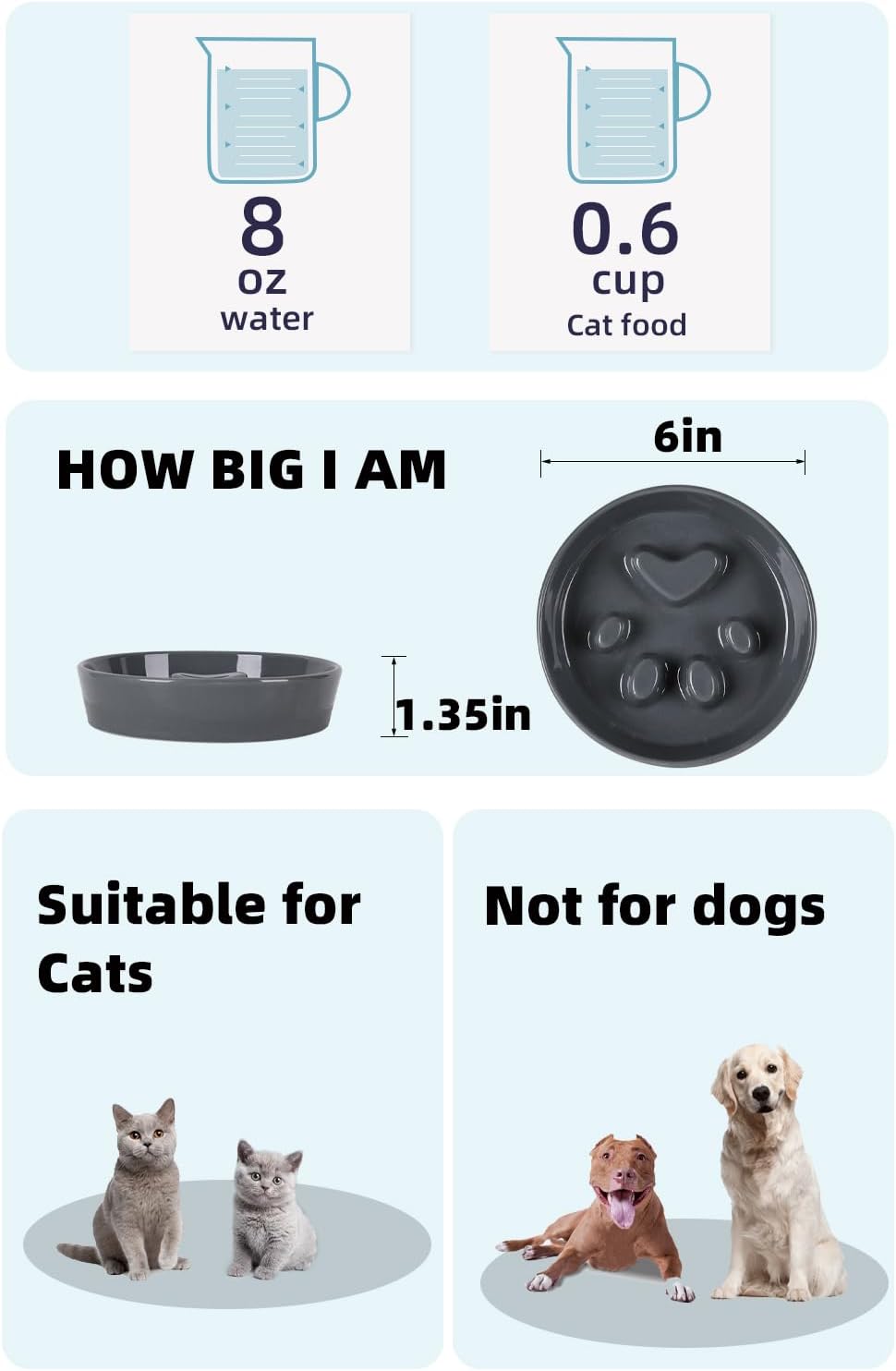 Slow Feeder Cat Bowls, Ceramic Fun Slow Eater Bowl for Cats (Grey)