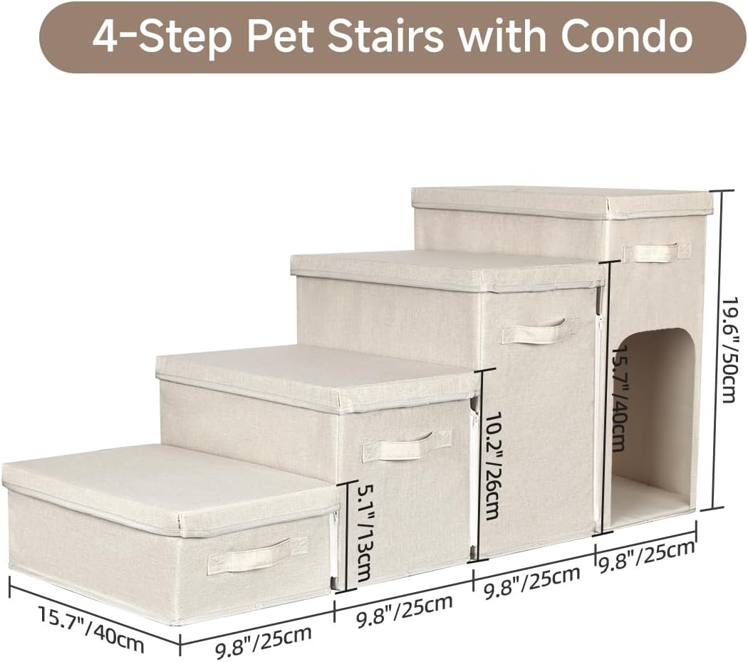 Dog Stairs with Storage, Folding Pet Steps with Zip for Small Dogs and Cats, 4-Step Pet Stairs with Pet House for High Bed, Couch and Car Ramp, Up to 200 Lbs (Beige, 4 Steps with Condo)