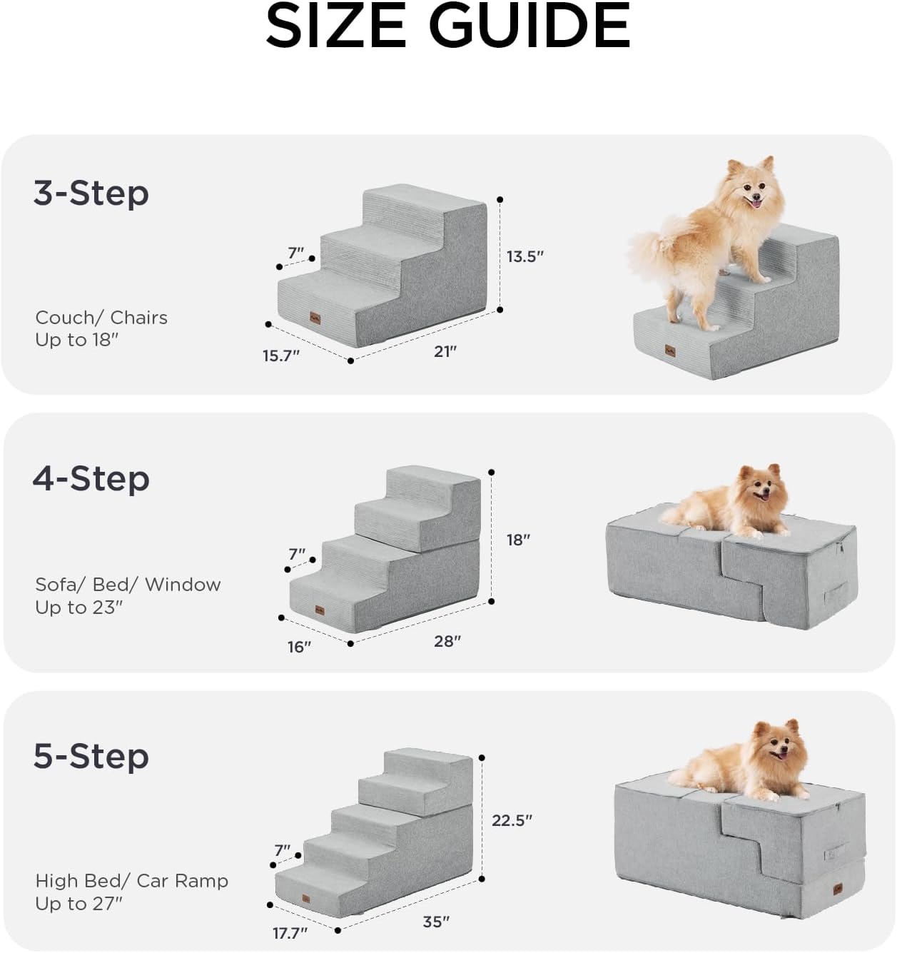 Made4Pets Dog Stairs for Small Dogs, Extra Wide Dog Steps for Bed Couch Sofa and Chair, 35D Foam Pet Steps for Small Dogs and Cats, Non-Slip Bottom Pet Stairs, Light Grey, 3 Steps