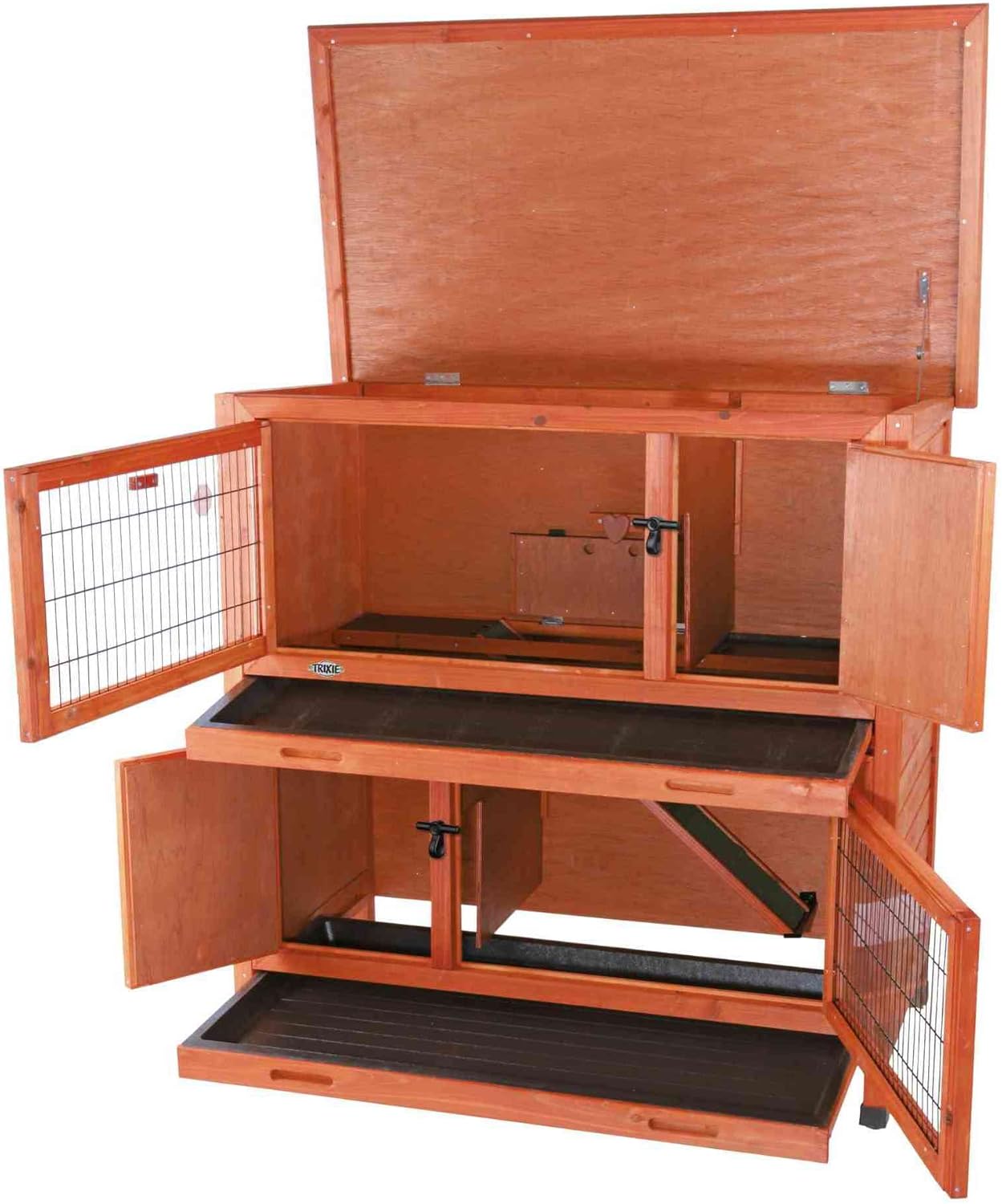 TRIXIE natura Insulated Rabbit Hutch, 2-Story Outdoor Bunny House, Small Animal Hutch with Ramp, Removable Window Panes, Ideal Shelter for Rabbits or Guinea Pigs, Brown