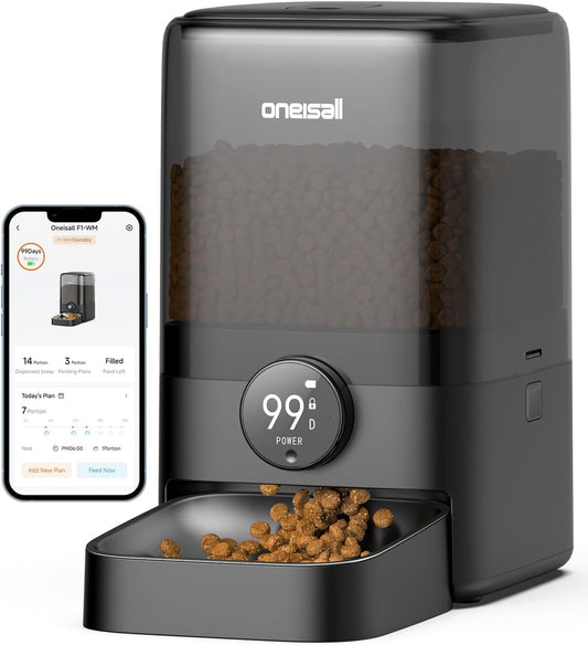 oneisall Cordless WiFi Automatic Cat Feeder, Rechargeable 100-Day Battery Operated Pet Feeder, 20 Cups/5L Timed Cat Food Dispenser for Large Kibble, Smart App Control (Black)