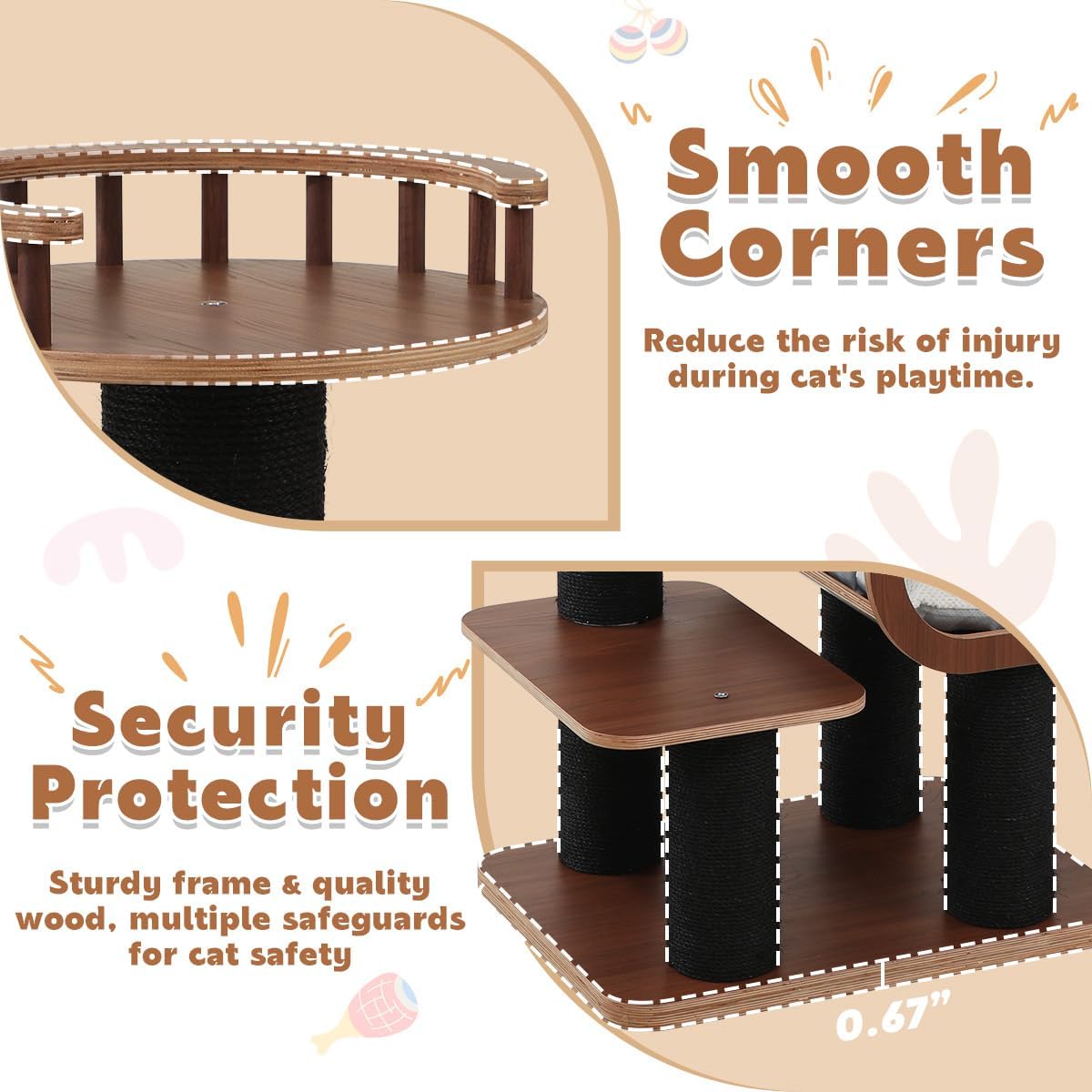 70.9'' Black Cat Tree for Indoor Cats Large Adult, Heavy Duty Cat Tower with Scratching Post, Modern Kitty Tree with Removable Mats, Semi-closed Condo and Transparent Bowl, Wooden Luxury Cat Furniture