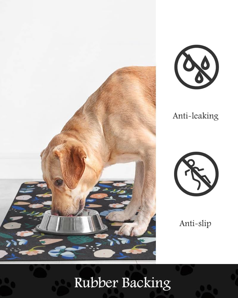 Pet Feeding Mat-Absorbent Dog Mat for Food and Water Bowl-No Stains Quick Dry Water Dispenser Mat-Dog Accessories Pet Supplies-Bowl for Messy Drinkers（DARKFLOWERS,23"x34"