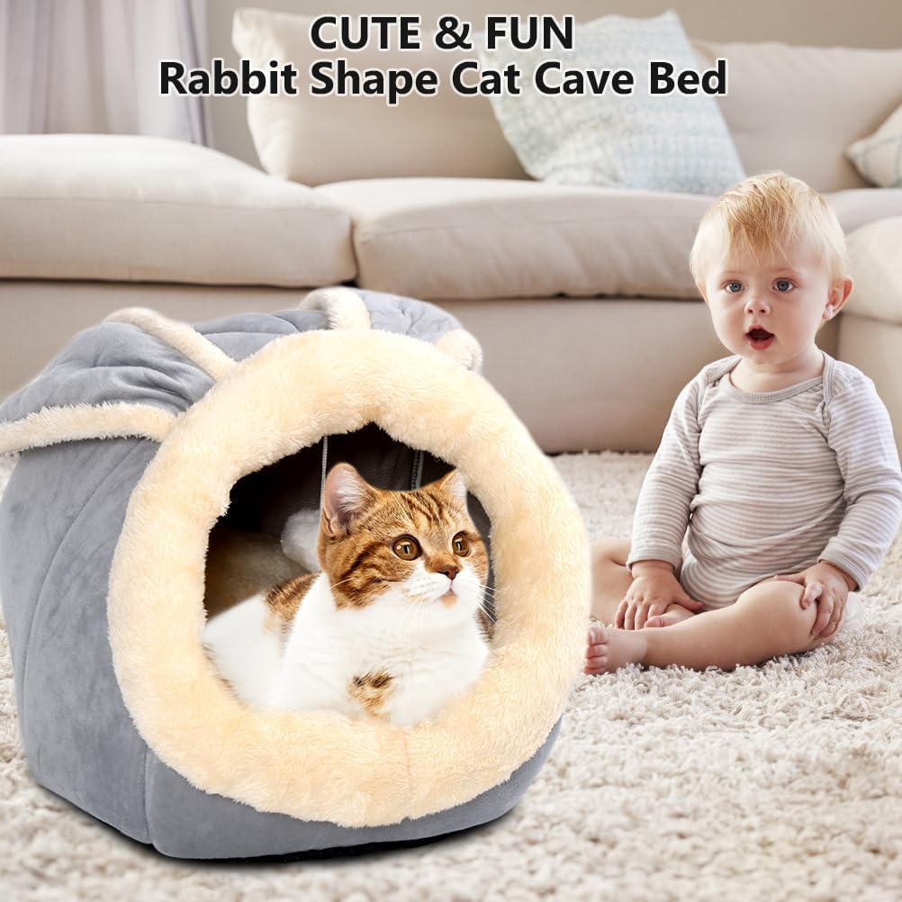 Cat Beds for Indoor Cats - Rabbit-Shaped Cat Cave Bed with Hanging Toy,Super Soft Calming Pet Bed for Kitten&Puppy,Small Dog,Warm Plush&Machine Washable&Removable Cotton Pad,Cat Hideaway(Grey M)