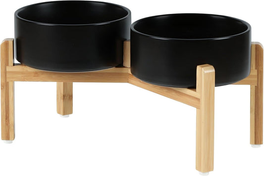 Ceramic Raised Double Bowls Set with Stand, Food & Water Bowls for Medium Breed Dogs, Weighted Dog Dishes, Pet Bowl(7.3'',41OZ, Black)