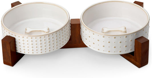 MALACASA Dog Bowl Set with Walnut Wood Stand, 1.5 Cups Ceramic Pet Bowls for Puppy Dogs, Dual Food and Water Bowls with Weighted Non-Slip Base, Basic Bowls for Your Dog or Cat, Rhombic & Polka Dots