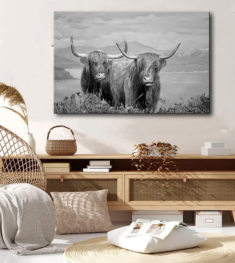 Wall Art for Living Room Highland Cow Wildlife Portrait Canvas Picture Black and White Animal Print Painting Scottish Farmhouse Artwork for Bathroom Bedroom Office Decor 24"x36"