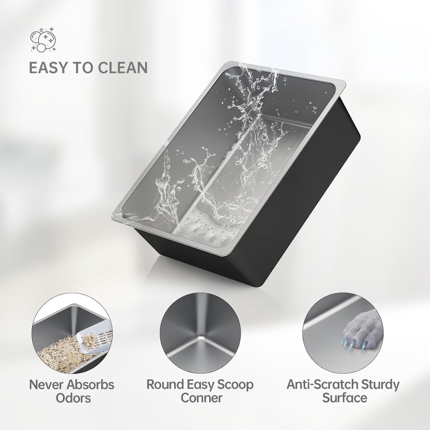 Ohtomber Stainless Steel Litter Box - Large Metal Cat Litter Box Pan High Sided, Never Absorbs Smell, Easy to Clean Non Stick Litterbox Tray Toilet Pet Supplies for Indoor Big and Small Cats, Kitten