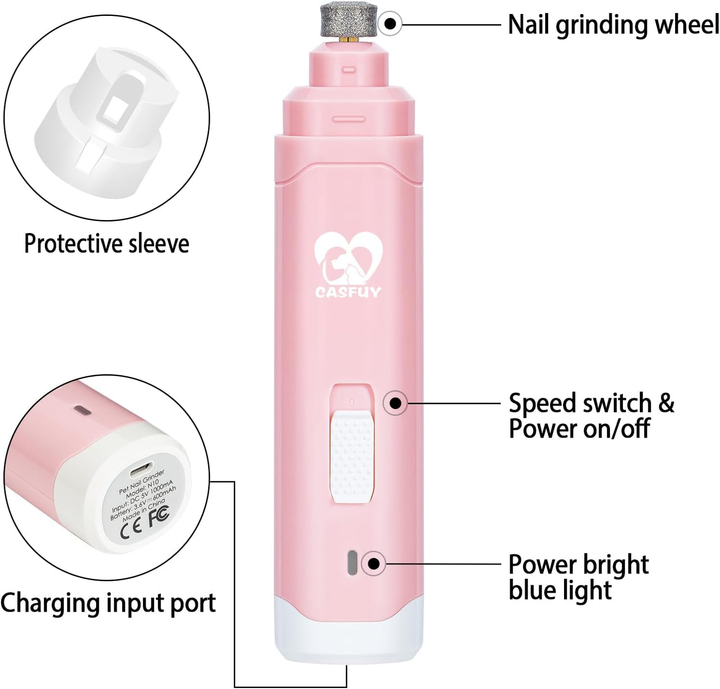 Casfuy Dog Nail Grinder Upgraded - Professional 2-Speed Electric Rechargeable Pet Nail Trimmer Painless Paws Grooming & Smoothing for Small Medium Large Dogs & Cats