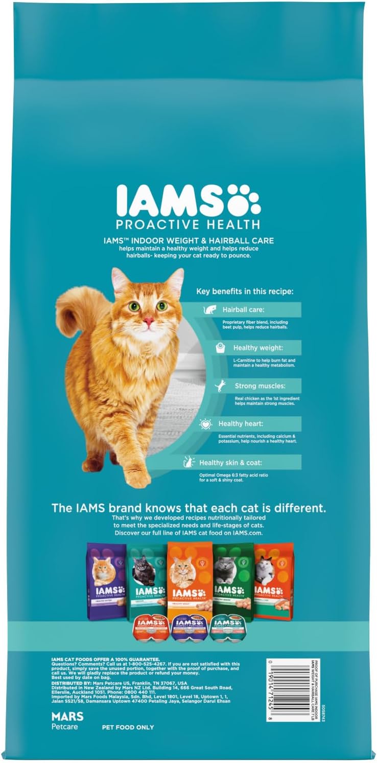 IAMS Proactive Health Indoor Weight Control & Hairball Care Adult Dry Cat Food, Chicken & Turkey Recipe, 7 lb. Bag