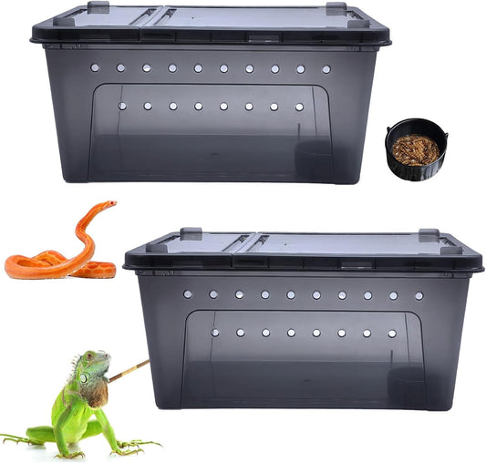 PINVNBY Reptile Enclosure Terrarium 2-Pack - 12.6"x8.7"x5.9" Multi-Purpose Transparent Plastic Habitat Cage for Gecko Scorpion Spider Snake Breeding Feeding & Cricket Keeper with Ventilated Lid, Black