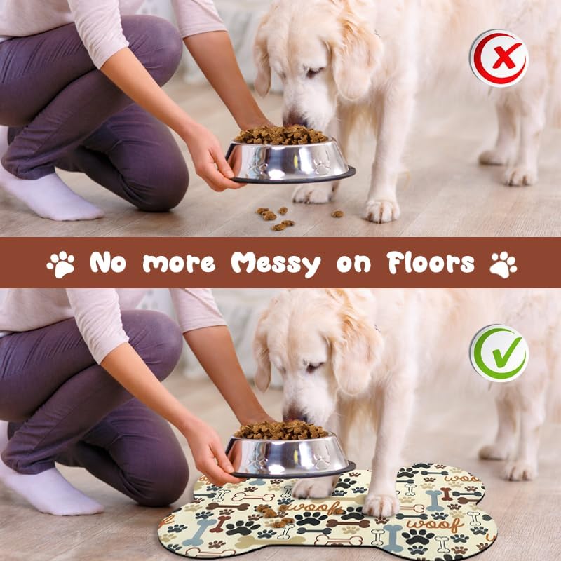 Dog Food Mats for Floors Waterproof, Pet Feeding Absorbent Water Bowl Mat Cat Placemats Beige Bone Shape 23.6 * 15.7 inch