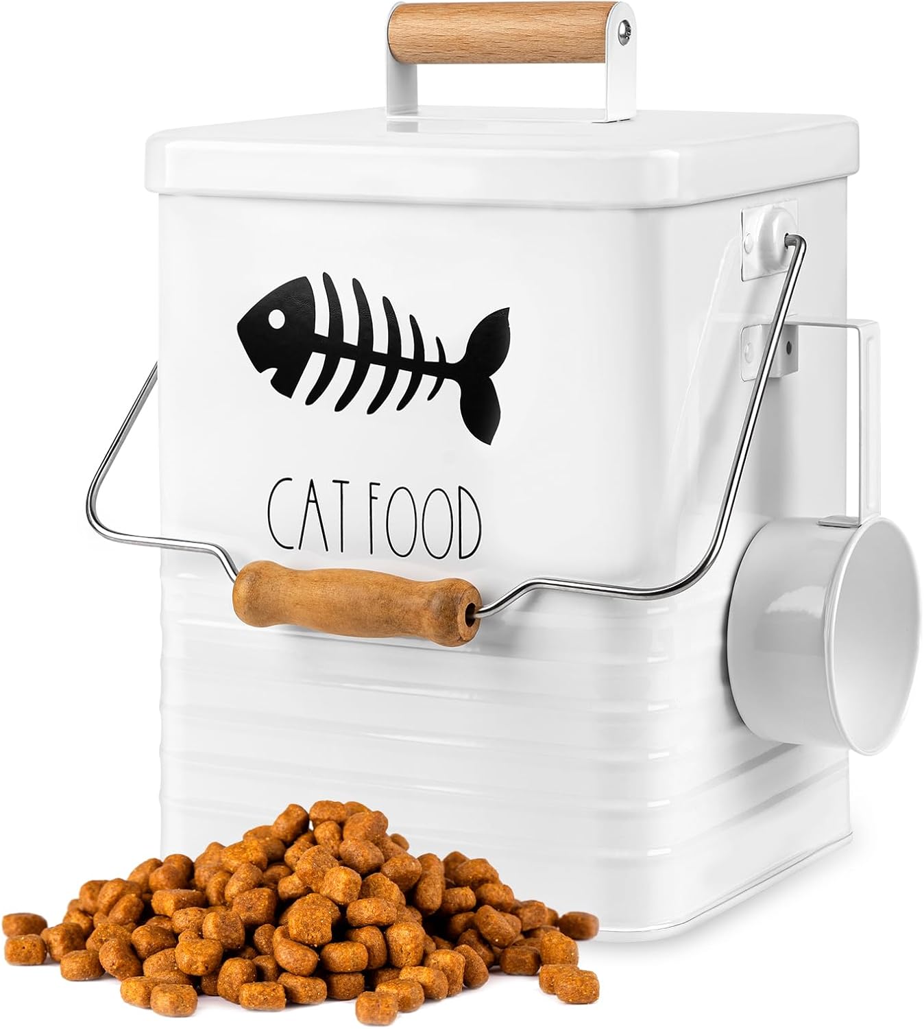 Cat Food Storage Container with Scoop - 5-7 lb Metal Cat Treat Container with Wood Handle, Pet Snacks Canisters with Airtight Lid & Dry Food Scoop for Kibble & Treats, Kitchen Counter Organizer