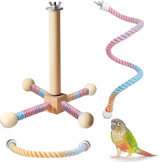 BNOSDM Bird Rope Perch with Stand Perch Toy Set Bendable Rope Perches Wooden Spinning Exercise Wheel Toy Parrot Cage Accessories for Parakeets, Conures, Lovebirds, Budgies, Cockatiels (Rainbow Color)