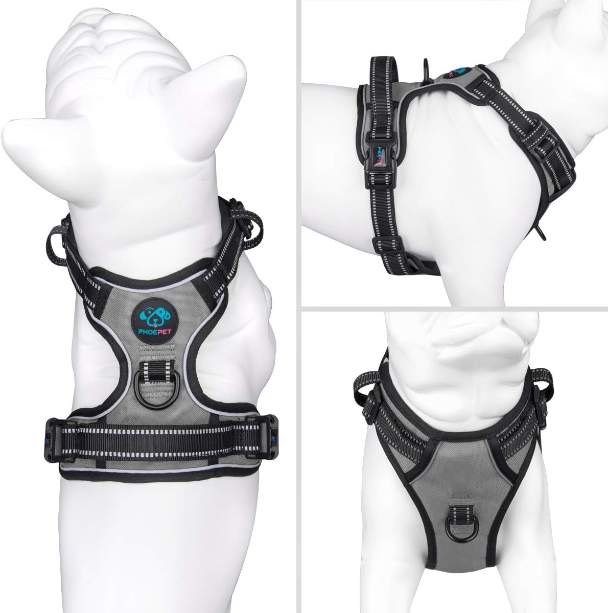 PHOEPET No Pull Dog Harness Medium Reflective Front Clip Vest with Handle,Adjustable 2 Metal Rings 2 Buckles(L, Grey)