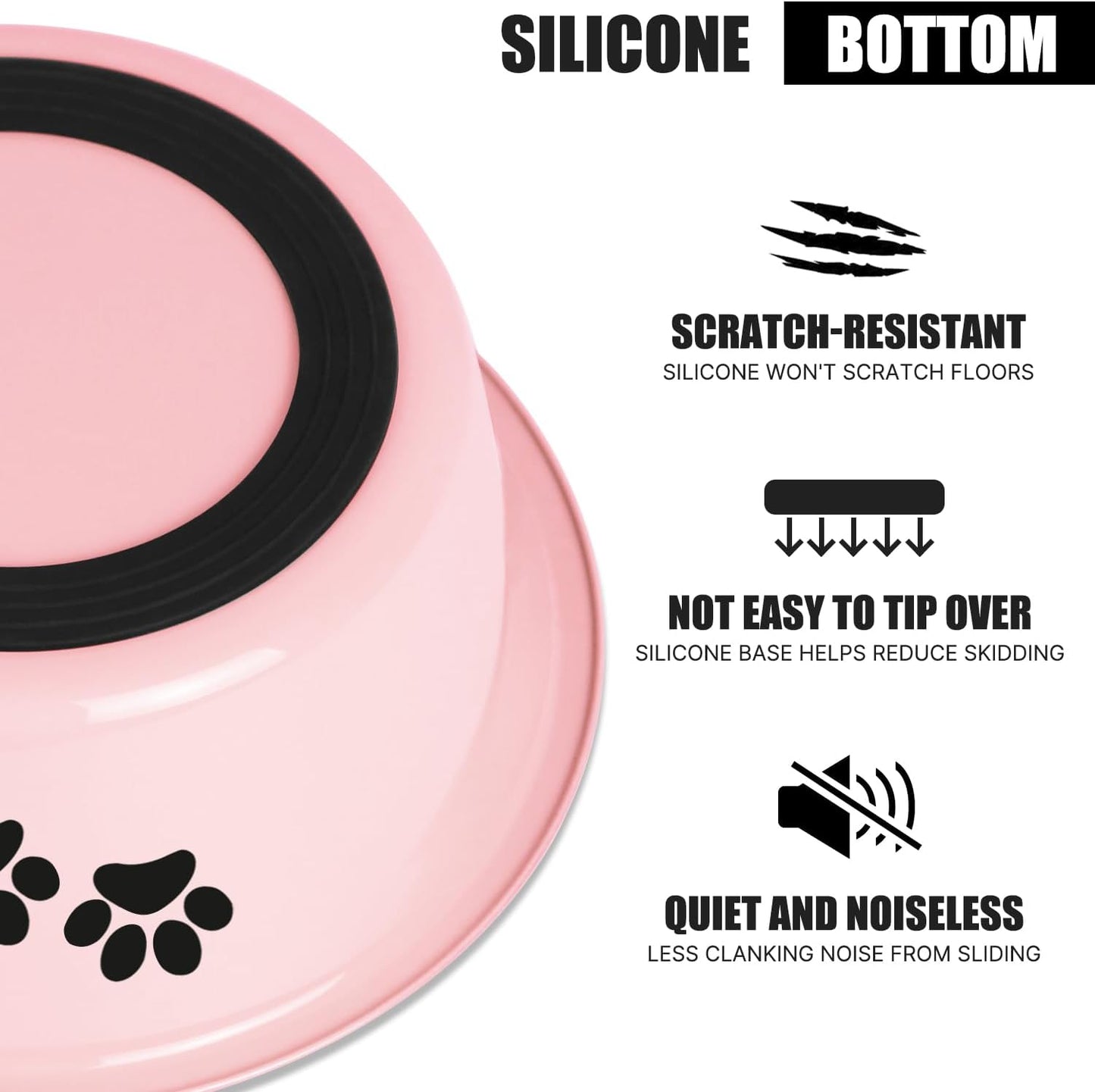Stainless Steel Dog Bowls, Nonslip Rubber Bottom No Spill Proof Skid Metal Insulated Dog Bowls for Large Medium Small Breed Dogs (Pink, 6.6 Cups/53 OZ)