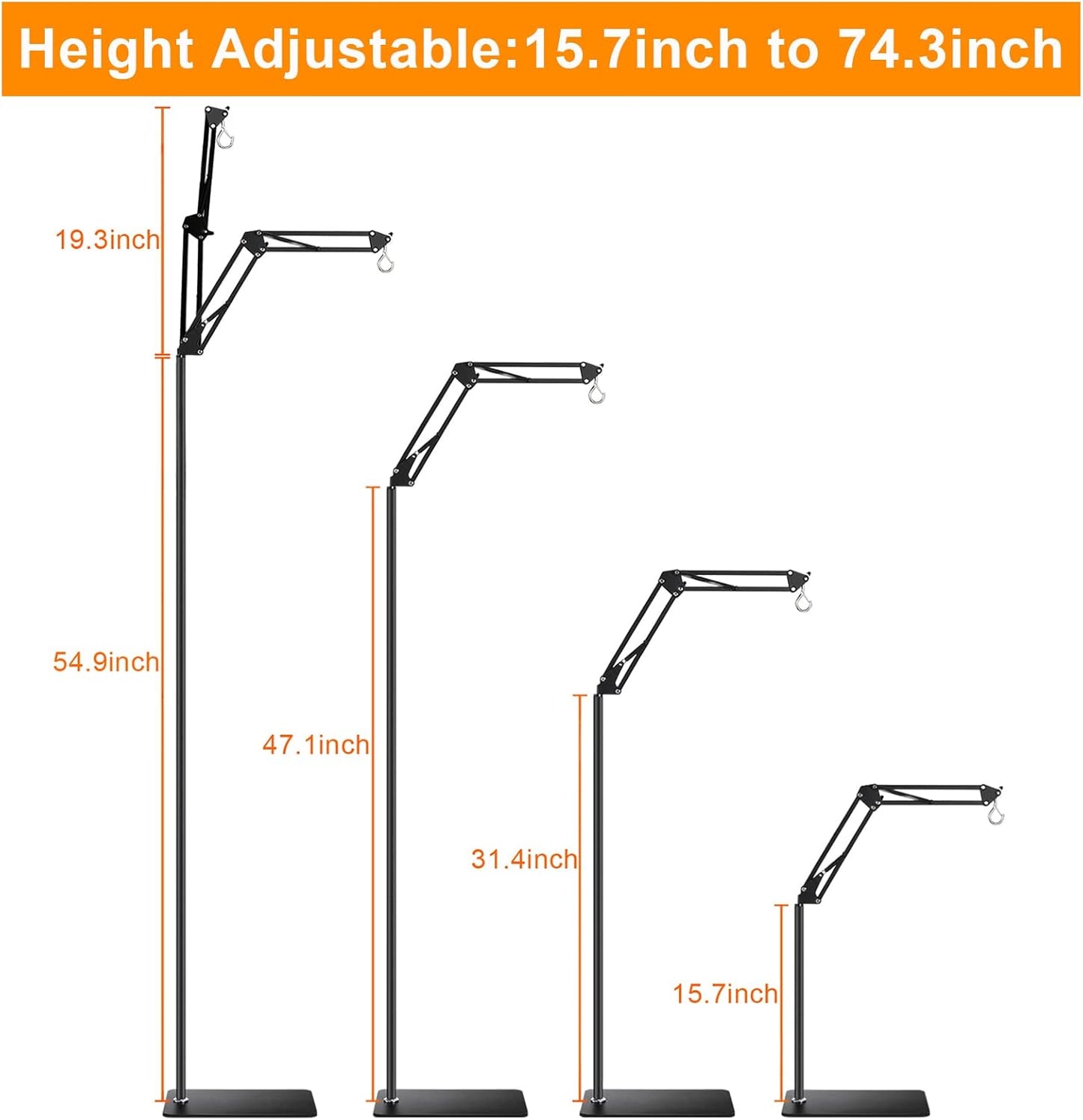 Reptile Lamp Stand Reptile Light Stand (15.7inch to 74.3inch) with 360° Adjustable Swing Arm, Heat Lamp Holder for Bearded Dragon Turtles Snake and Chicks