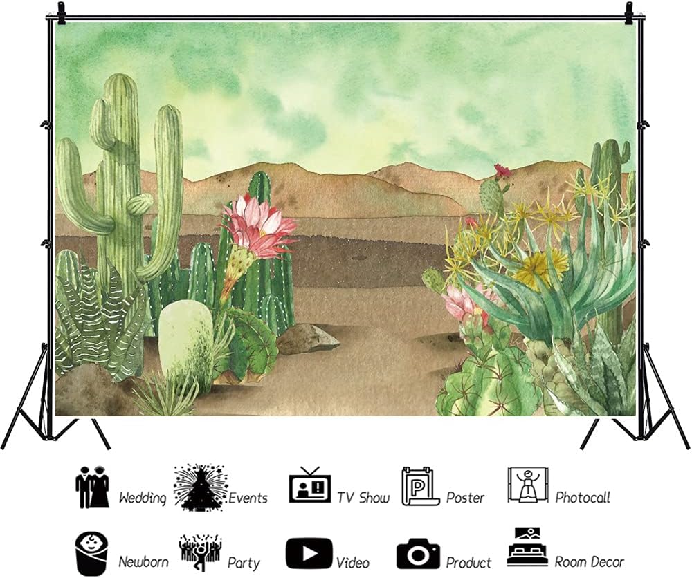 Renaiss 5x3ft Floral Cacti Backdrop Watercolor Aloes Cactus Flowers Desert Scenery Photography Background Botanical Mexican Fiesta Baby Shower Bridal Shower Birthday Party Decors Photo Studio Props