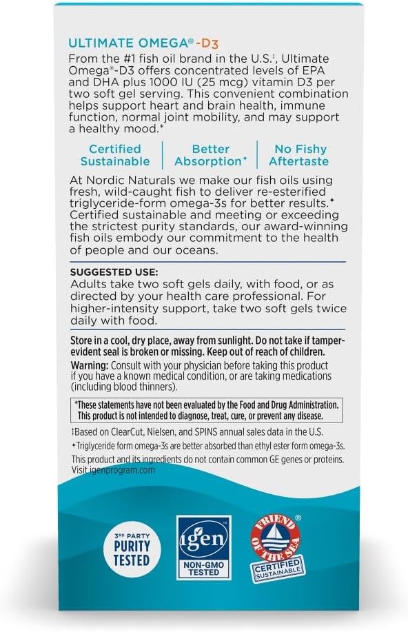 Nordic Naturals Ultimate Omega-D3, Lemon Flavor - 120 Soft Gels - 1280 mg Omega-3 + 1000 IU Vitamin D3 - EPA & DHA - Promotes Brain, Heart, & Immune Health - 60 Servings