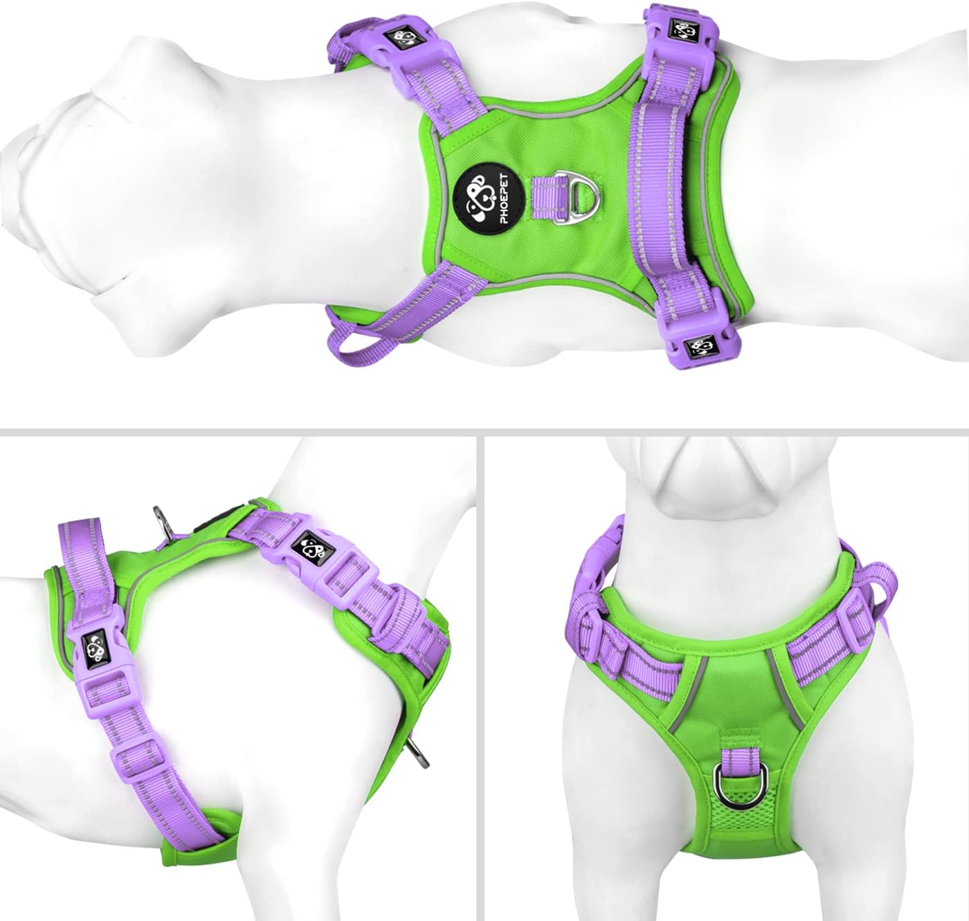 PHOEPET No Pull Dog Harness, Unique Colors Reflective Adjustable Dog Vest, with Soft Training Handle Metal Clips for Small Medium Large Dogs (Green Base & Purple Straps,XL)
