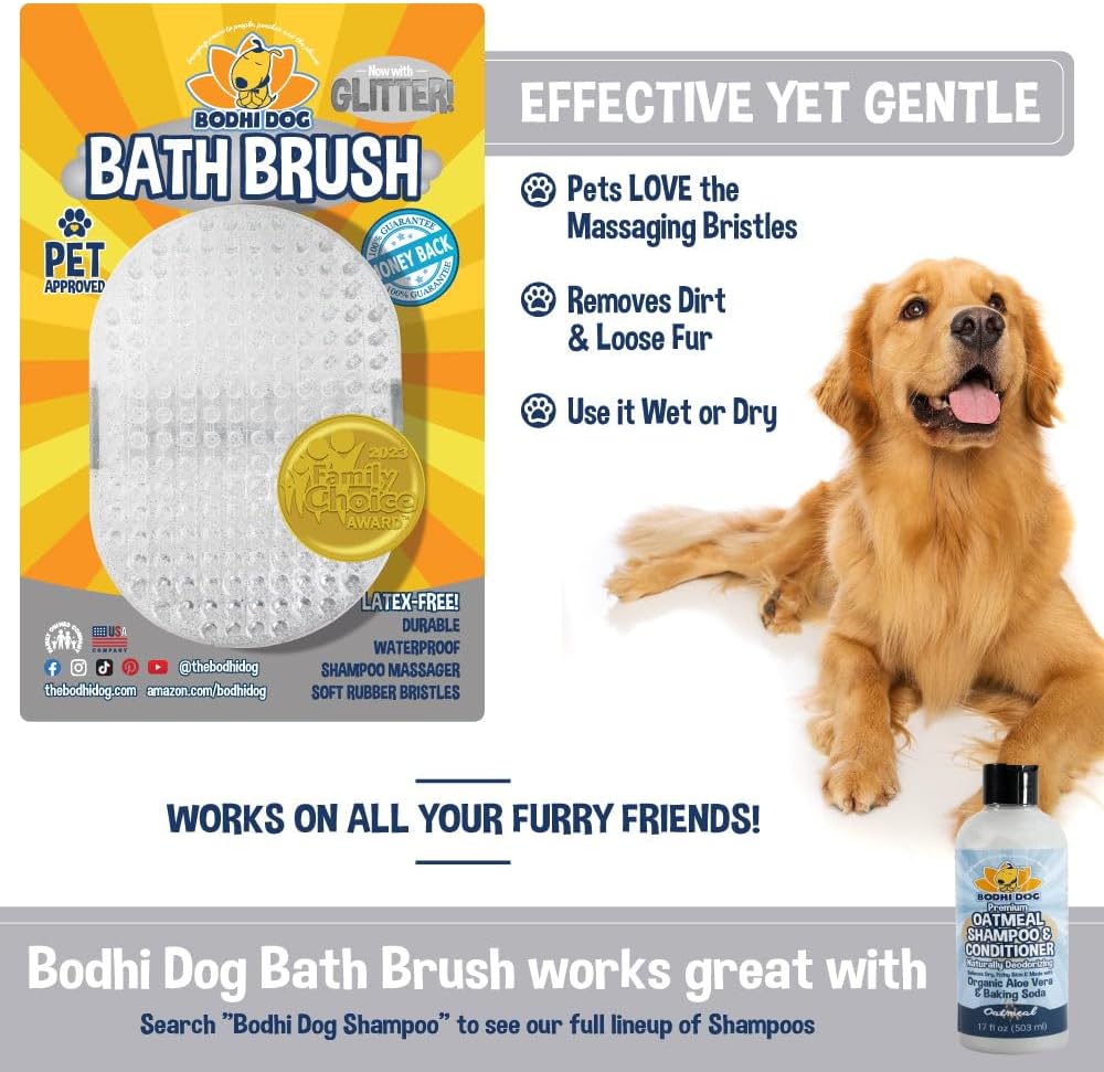 Bodhi Dog Shampoo Brush - Pet Grooming & Bath Supplies for Dogs and Cats - Bath Brush for Long & Short Hair - Premium Scrubber for Shower, Bathing & Massage (One Pack, Silver Glitter)