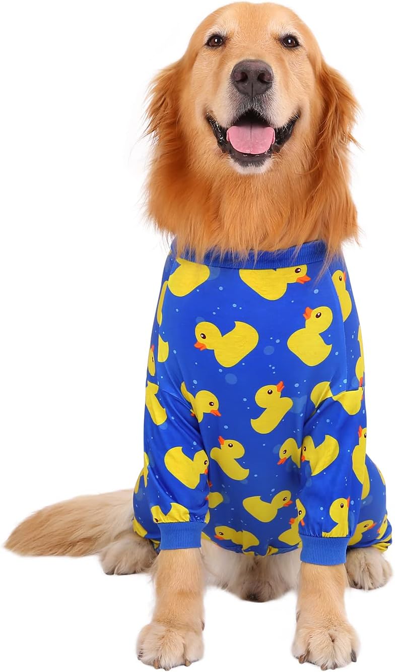 HDE Dog Pajamas One Piece Jammies Jumpsuit Pet Clothes Outfit Stretchy Lightweight Comfy Shirt Pjs for M-3XL Dogs Ducks Blue - M
