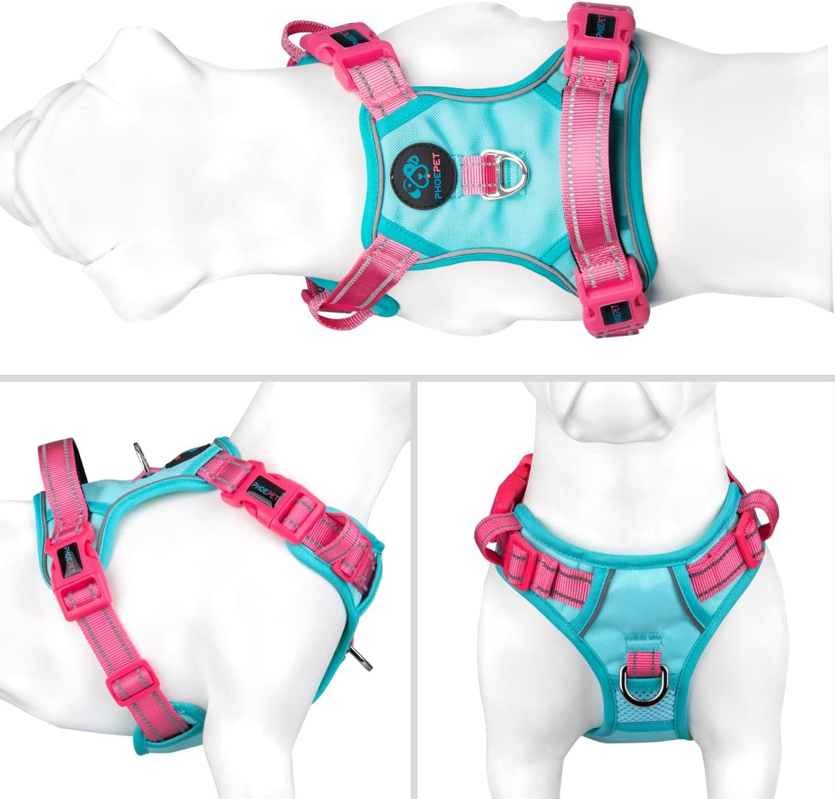 PHOEPET No Pull Dog Harness, Unique Colors Reflective Adjustable Dog Vest, with Soft Training Handle Metal Clips for Small Medium Large Dogs (Mint Green Base & Pink Straps,XS)