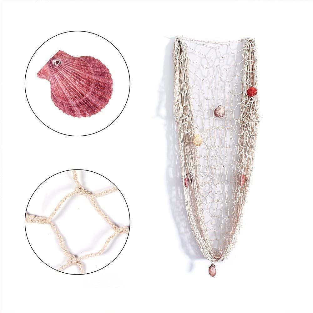 Nature Fish Net Wall Decoration with Shells, Ocean Themed Wall Hangings Fishing Net Party Decor for Pirate Party,Wedding,Photographing Decoration (2pack-Beige/Beige)
