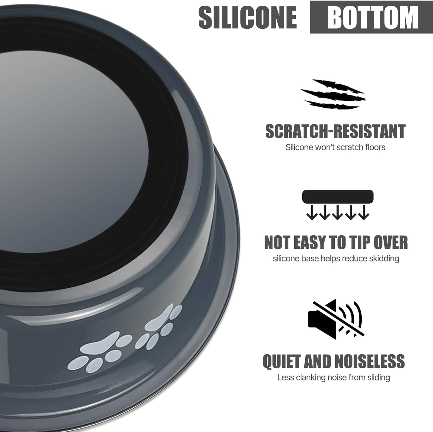 Stainless Steel Dog Bowls, Nonslip Rubber Bottom No Spill Proof Skid Metal Insulated Dog Bowls for Large Medium Small Breed Dogs (Grey, 3.6 Cups/29 OZ)