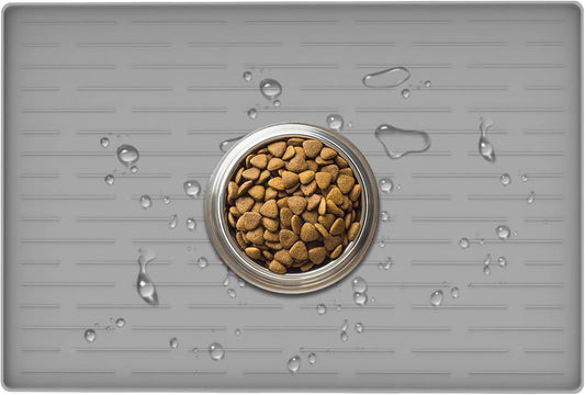 24" x 16" Dog Food Mat, Silicone Pet Mats for Food and Water, Nonslip Pet Feeding Mats for Floors, Dog Cat Bowl Mat with Raised Edges, Light Gray