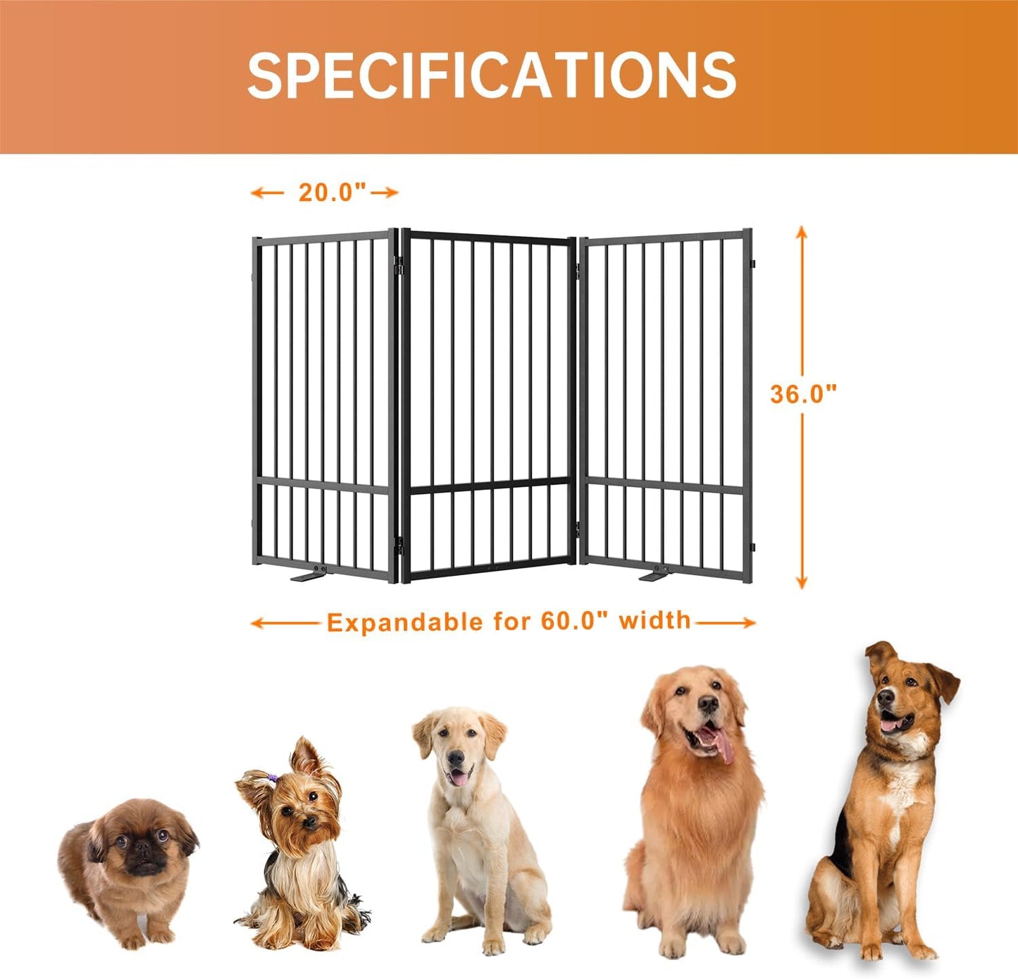 Full Metal Freestanding Dog Gate with Door, 36''Height Foldable Pet Dog Fence for Indoor & Outdoor, 3 Panels Extra Wide Free Standing TallDog Gates for Doorways,House,Stairs,Porch,Deck,Yard