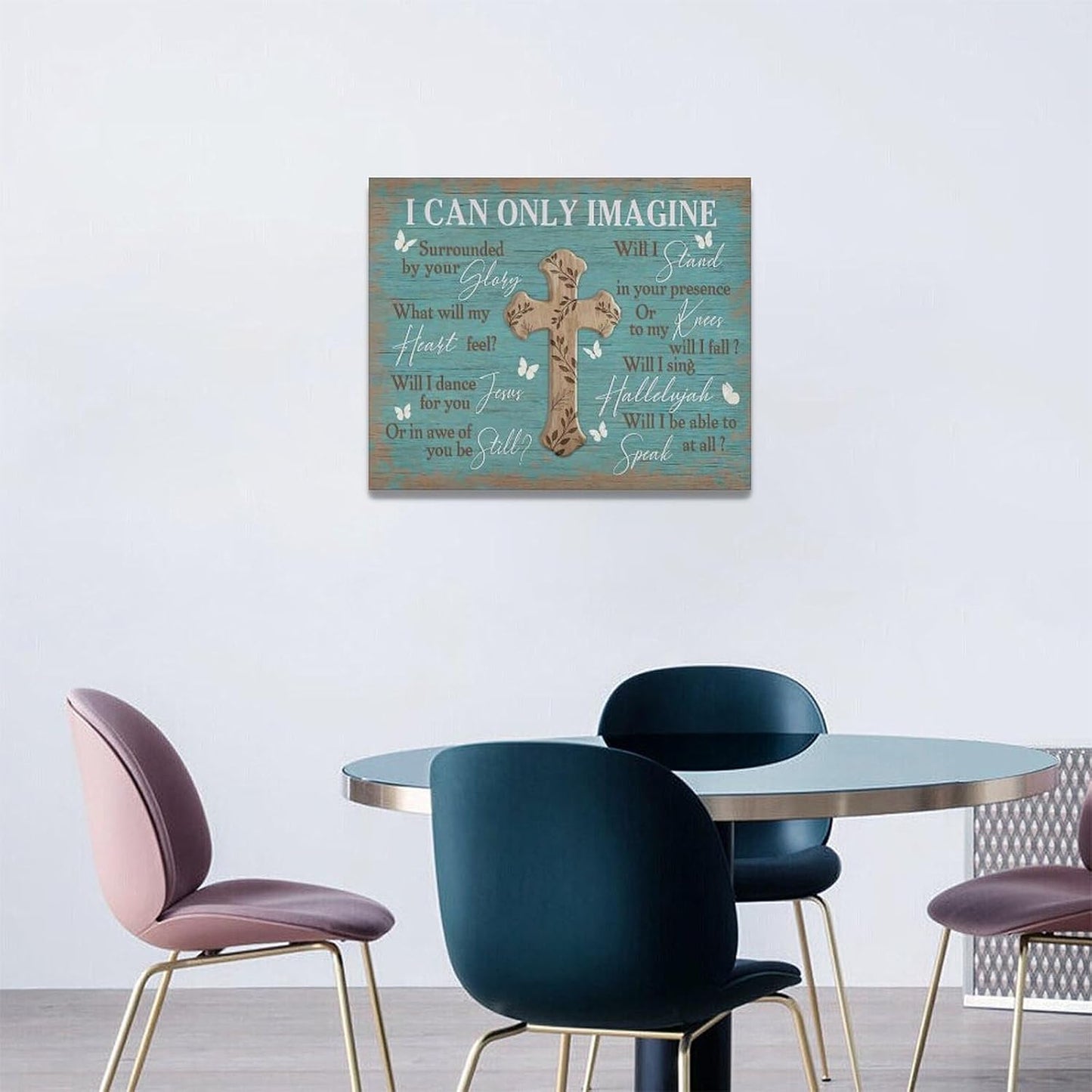 Rustic Christian Cross Wall Art I Can Only Imagine Pictures Farmhouse Butterfly Wall Decor Teal Motivational Canvas Print Painting Artwork for Bathroom Living Room Bedroom 16"x20"