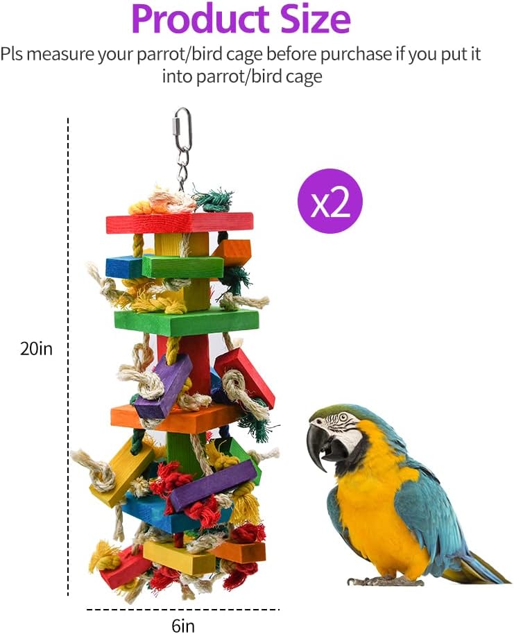 RUBY.Q 2 Pack Large Parrot Toy, 20in Bird Parrot Toy, Multicolored Natural Wooden Bird Chewing Toys for Large Macaws, African Grey and a Variety of Amazon Parrots (2 Pack)