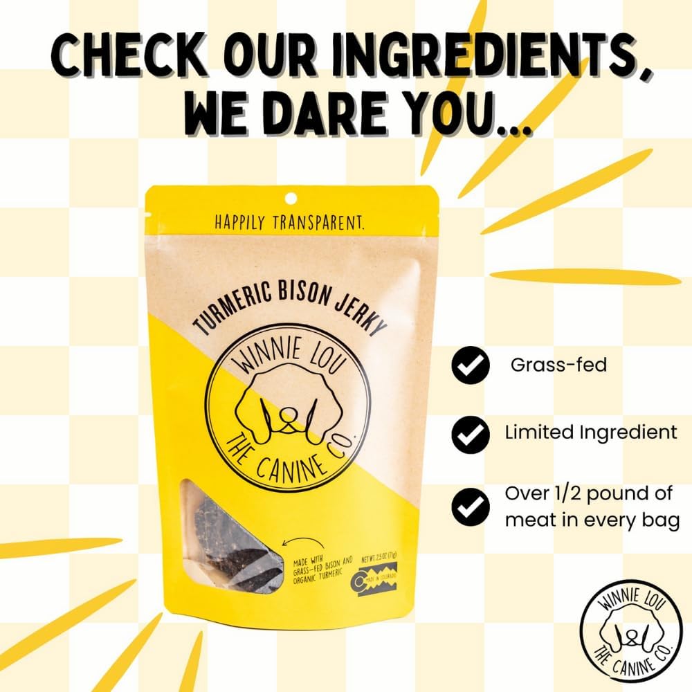 Winnie Lou Turmeric Bison Jerky Dog Treats – Limited Ingredient, Human Grade, Training Treats for Small, Medium & Large Dogs, Made in USA (1 Pack)