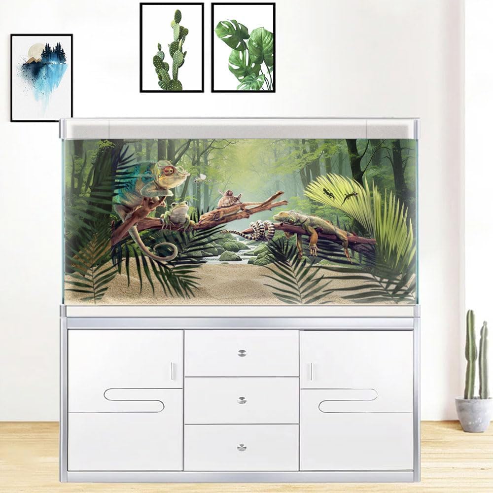 48X18IN Tropical Forest Terrarium Background, Natural Green Forest Tree Reptile Habitat Background, Misty Rainforest Aquarium Background, with 8 EVA Double-Sided Tape