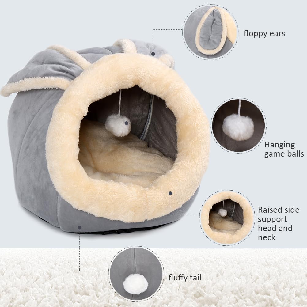Cat Beds for Indoor Cats - Rabbit-Shaped Cat Cave Bed with Hanging Toy,Super Soft Calming Pet Bed for Kitten&Puppy,Small Dog,Warm Plush&Machine Washable&Removable Cotton Pad,Cat Hideaway(Grey M)