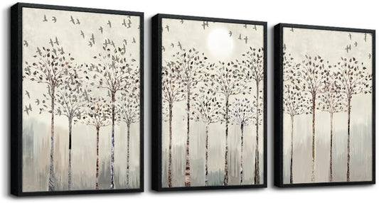 Black Framed Wall Art for Living Room Bedroom Wall Decor office Wall Decorations trees and birds Abstract Wall Paintings Sunrise and sunset Wall Pictures Artworks Modern 3 Piece Framed Prints Art