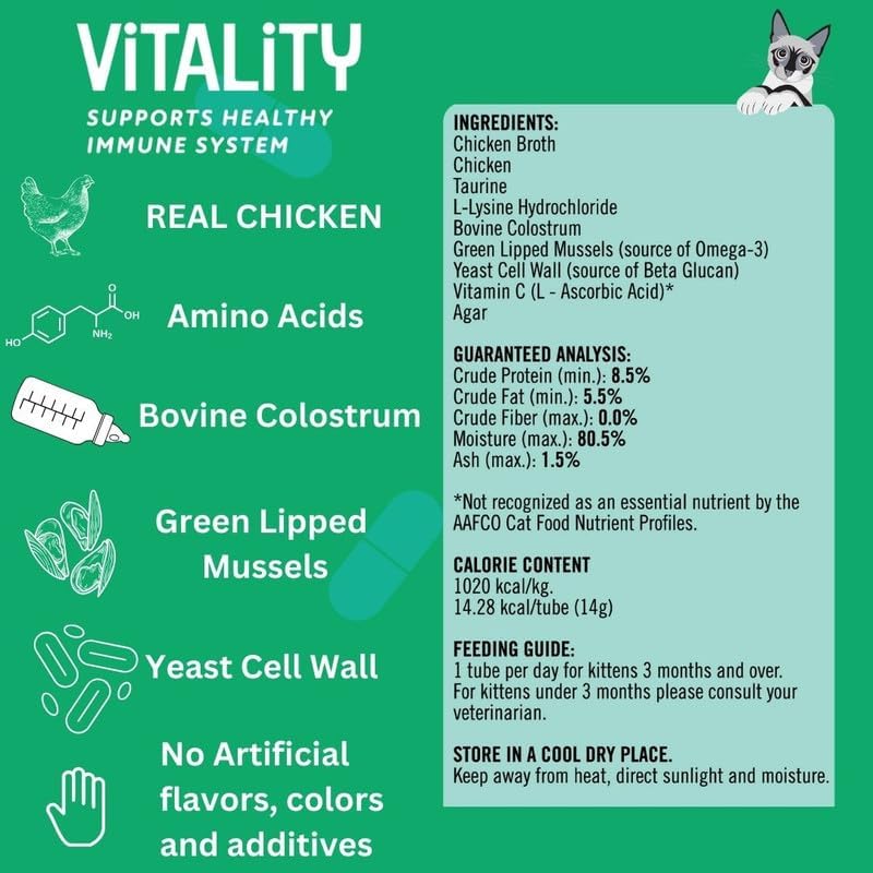 Vitality Lickable Cat Treat Pouches for Indoor Cats - All Natural Chicken Puree Tube Treats, Kitten and Senior Soft Wet Cat Treat - Grain Free, Lysine, Taurine; 12 Tubes .05 oz ea.